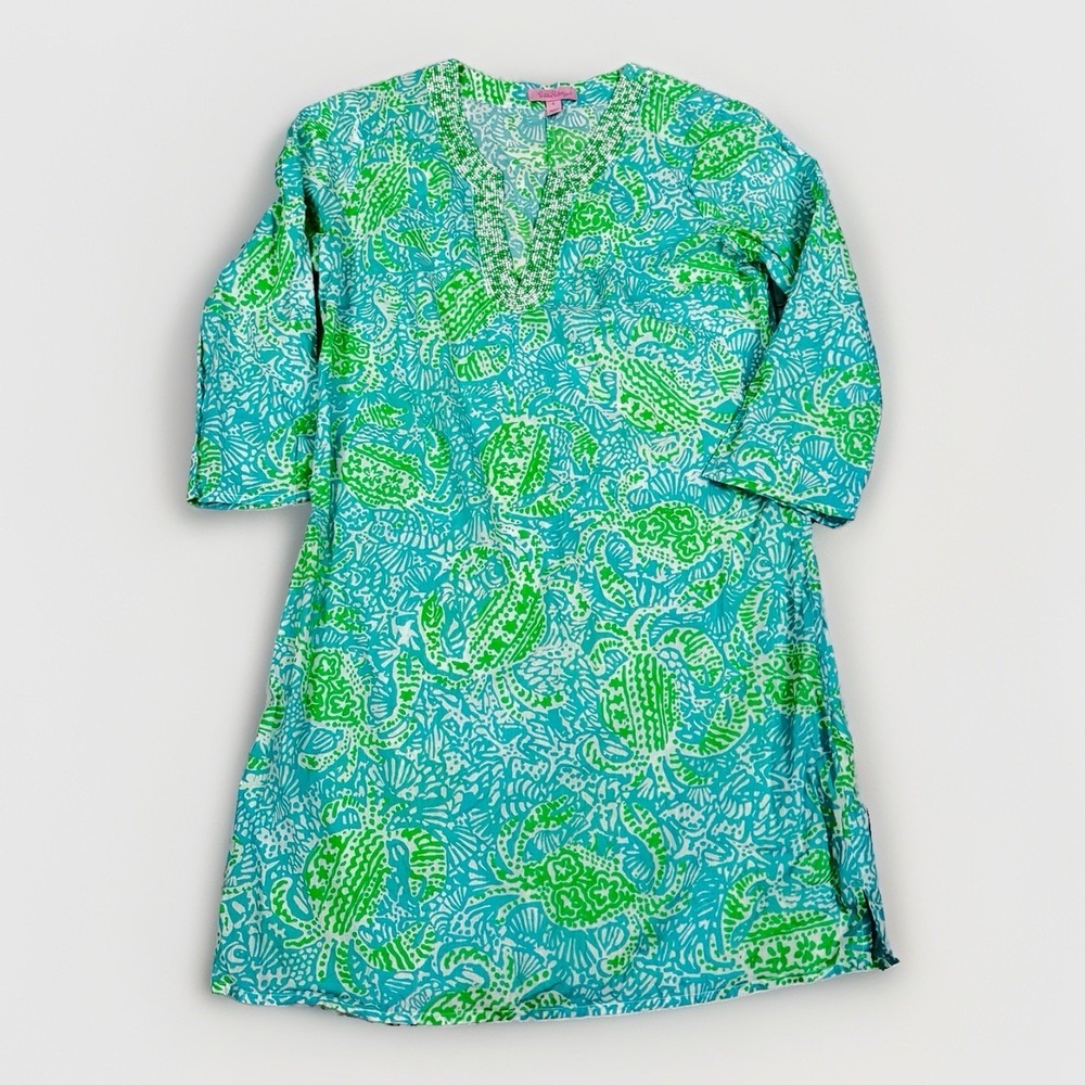 Lilly Pulitzer Blue & Green Crab Print beaded tunic, Dress, Cover Up Cotton